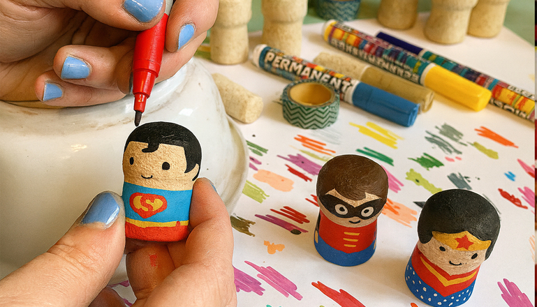 Animation Atelier Bouchons Magnets pour votre événemement Do It Yourself - Bouchons de champagne Customisés main - Bouchons de champagne déguisés en super-héros.